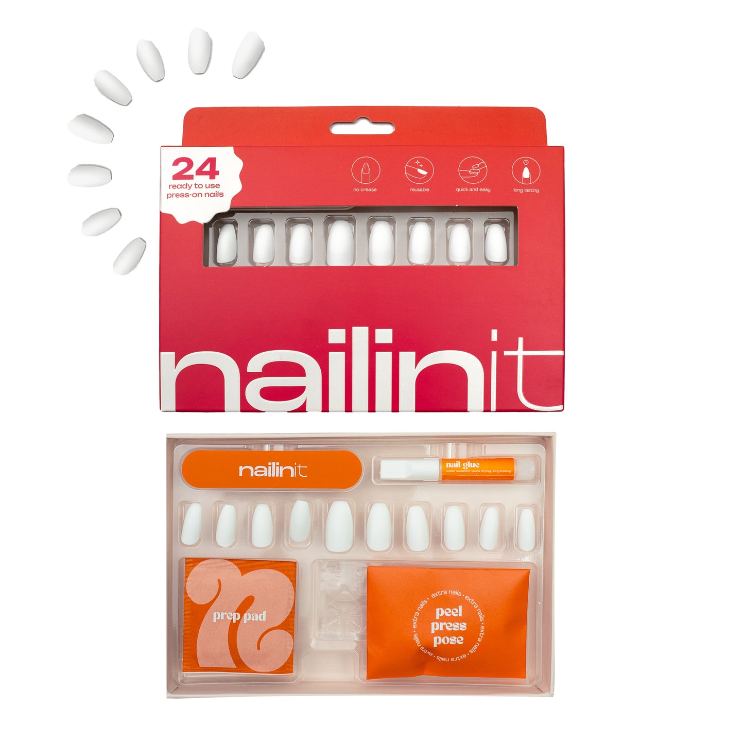 Adulting | Reusable Press-On Nails | 24 pcs |  White | Coffin Shape |  Medium