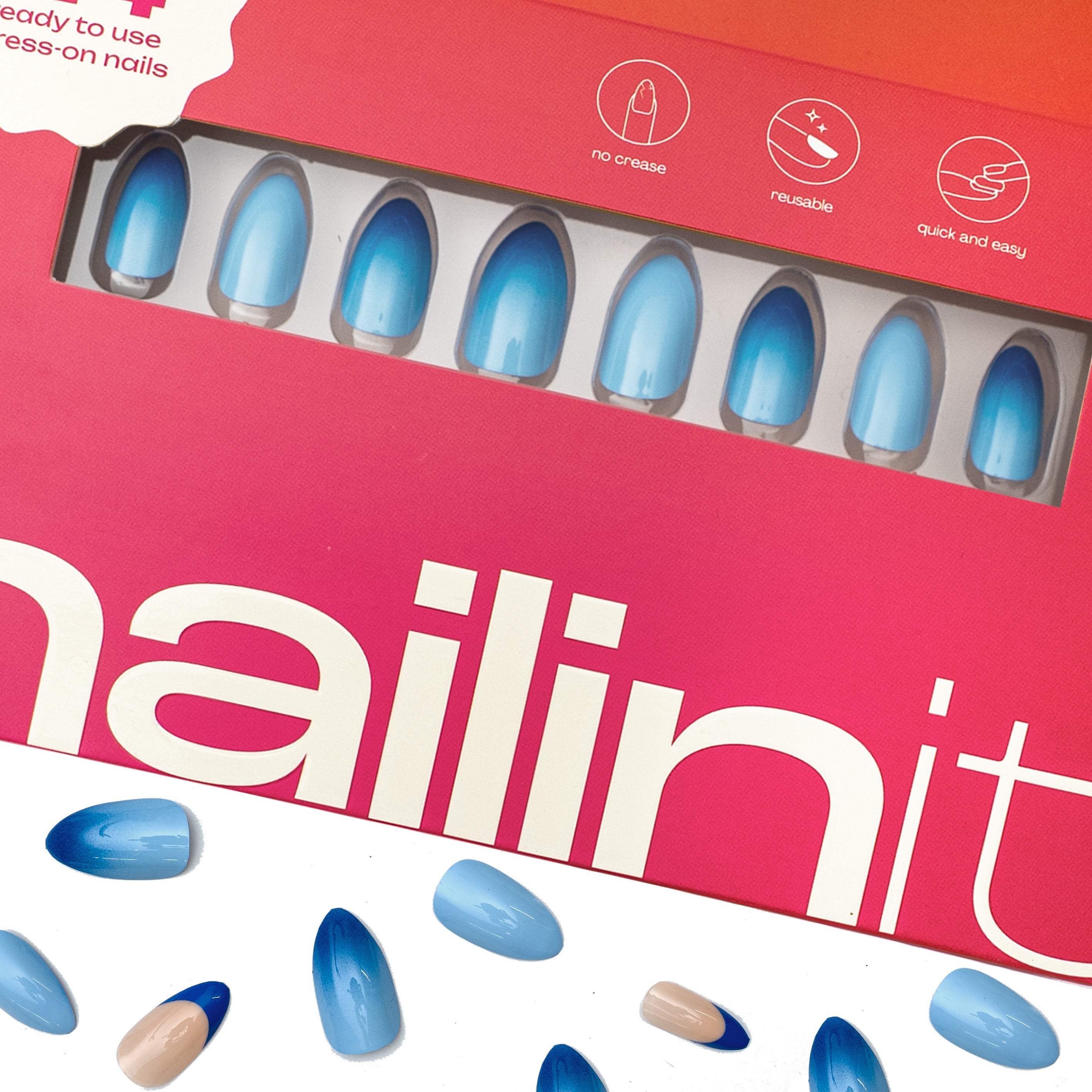 Aqua Aura | Reusable Press-On Nails | 24 pcs | Blue | Almond Shape | Long - nailinit