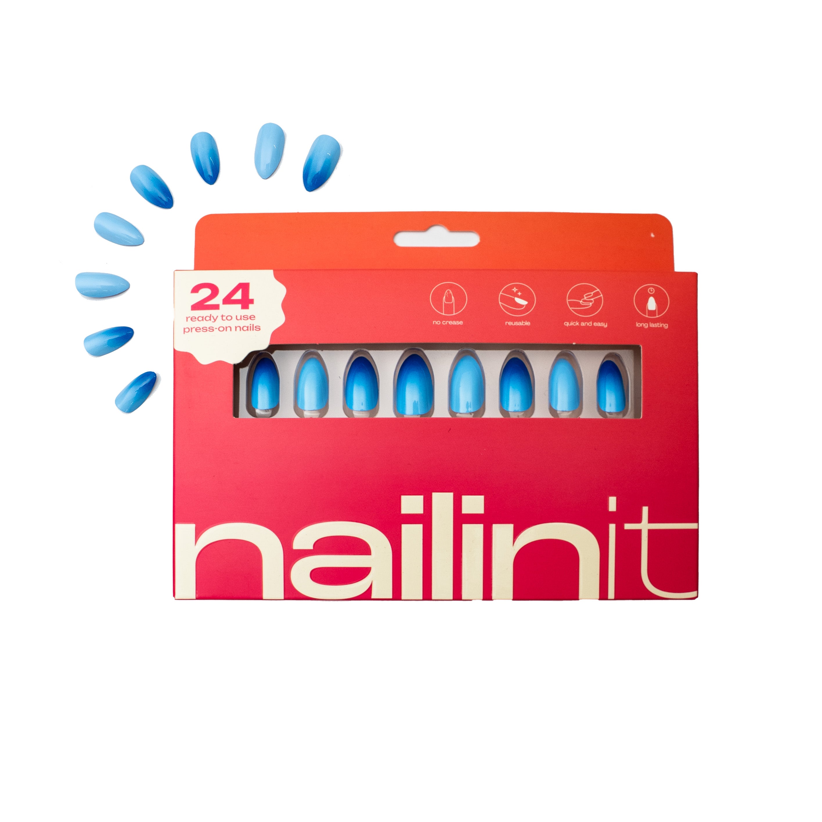 Aqua Aura | Reusable Press-On Nails | 24 pcs | Blue | Almond Shape | Long