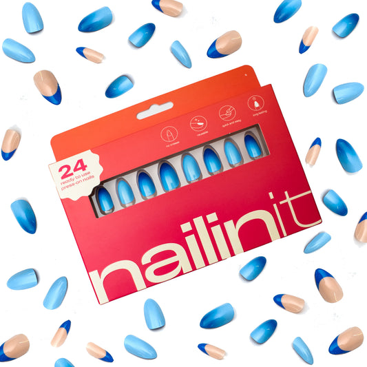 Aqua Aura | Reusable Press-On Nails | 24 pcs | Blue | Almond Shape | Long