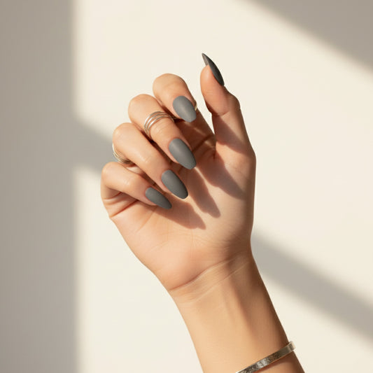 Ash Grey | Reusable Press-On Nails | 24 pcs | Grey | Coffin Shape | Medium