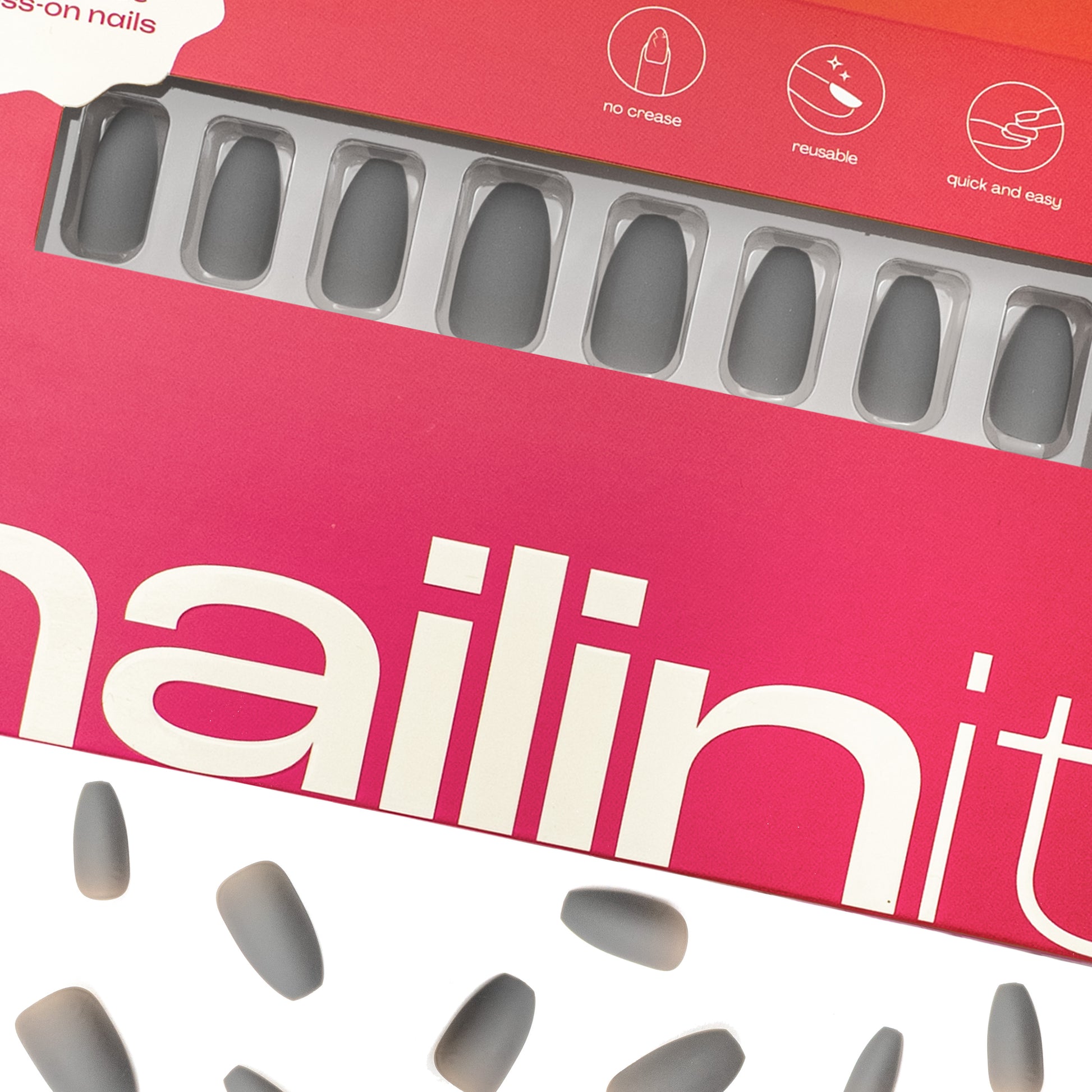 Ash Grey | Reusable Press-On Nails | 24 pcs | Grey | Coffin Shape | Medium - nailinit