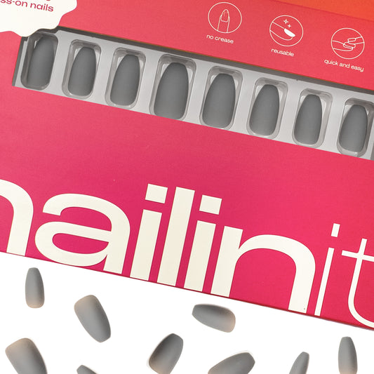 Ash Grey | Reusable Press-On Nails | 24 pcs | Grey | Coffin Shape | Medium
