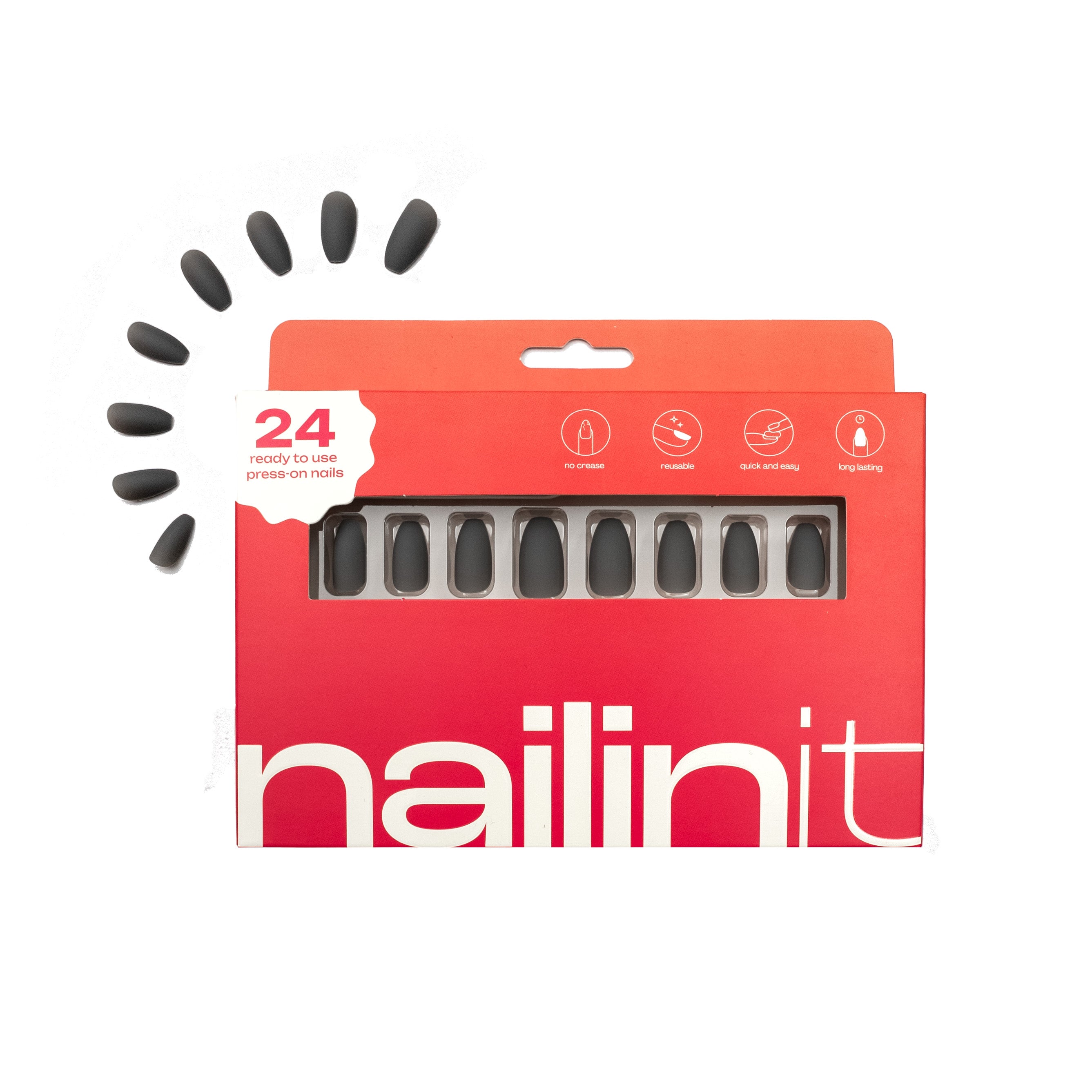 Ash Grey | Reusable Press-On Nails | 24 pcs | Grey | Coffin Shape | Medium