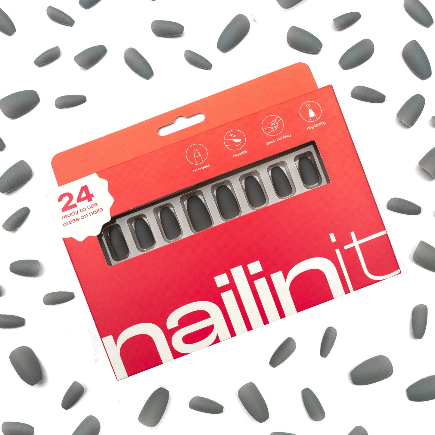 Ash Grey | Reusable Press-On Nails | 24 pcs | Grey | Coffin Shape | Medium