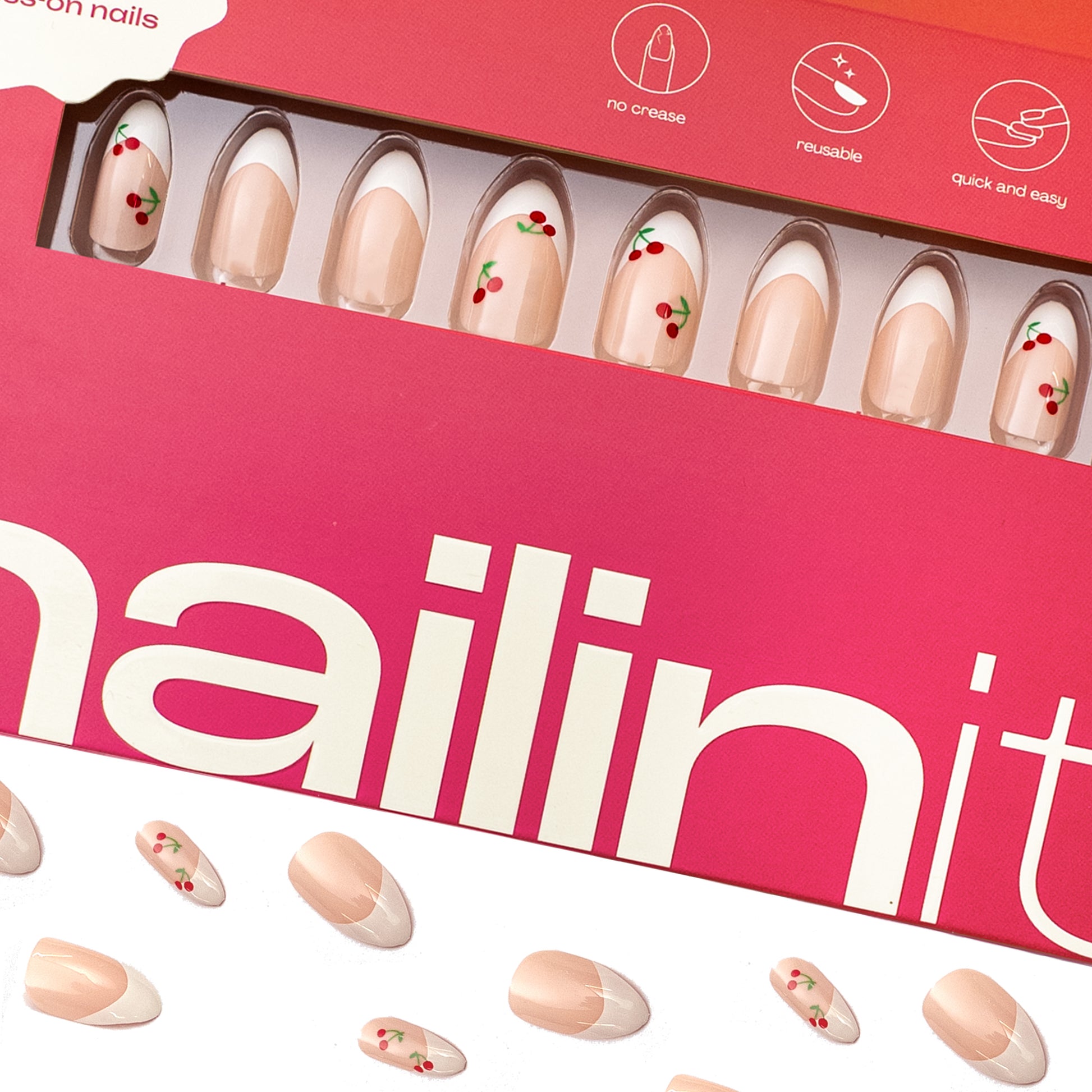 Cherry Crush | Reusable Press-On Nails | 24 pcs | White | Almond Shape | Long - nailinit