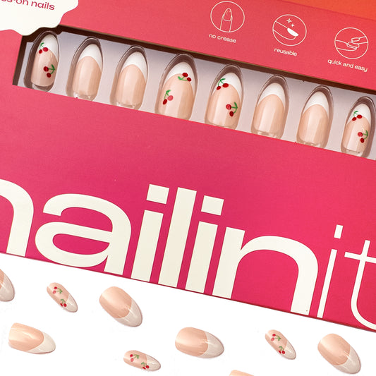 Cherry Crush | Reusable Press-On Nails | 24 pcs | White | Almond Shape | Long