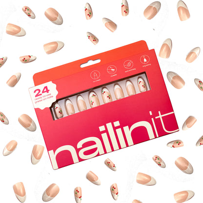 Cherry Crush | Reusable Press-On Nails | 24 pcs | White | Almond Shape | Long