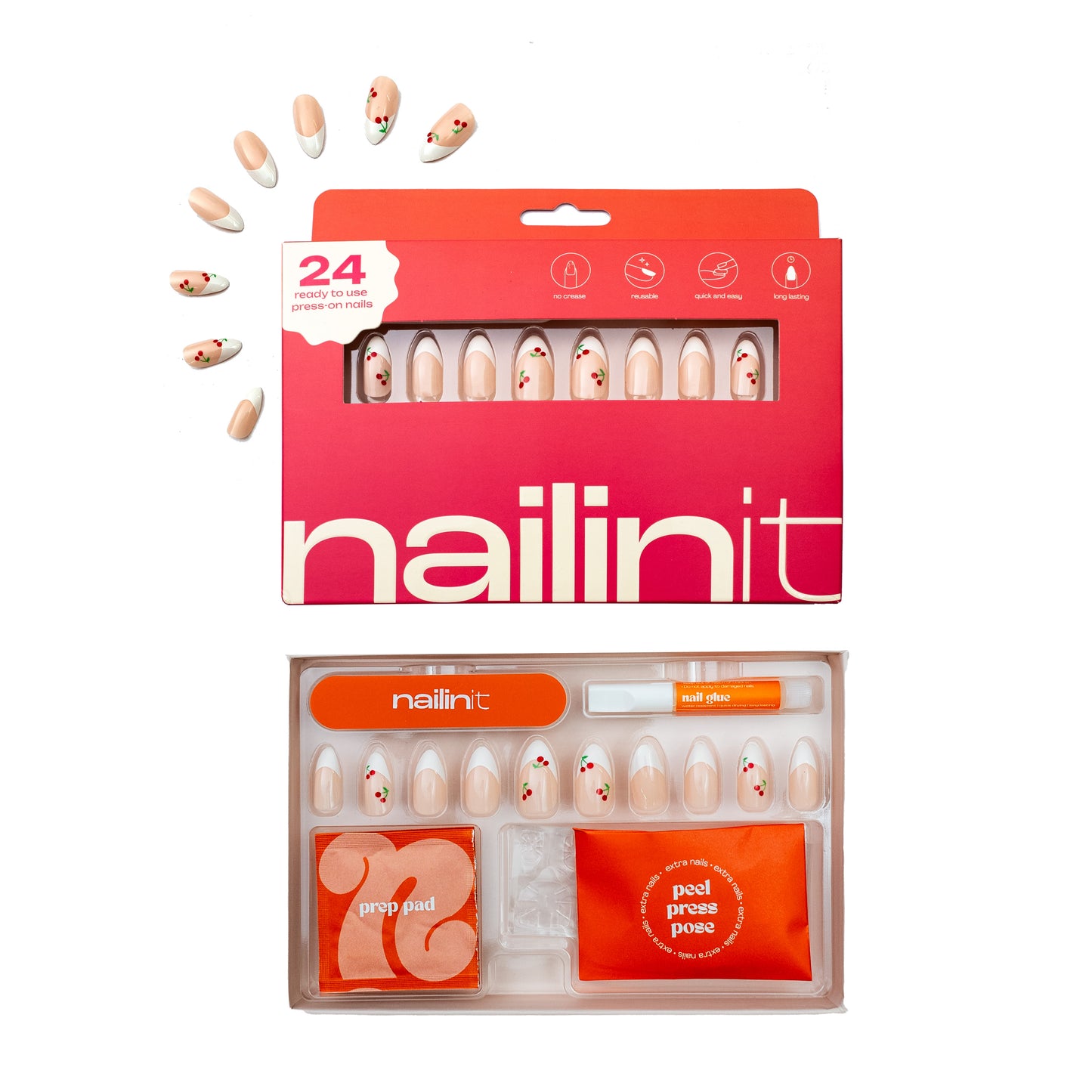 Cherry Crush | Reusable Press-On Nails | 24 pcs | White | Almond Shape | Long