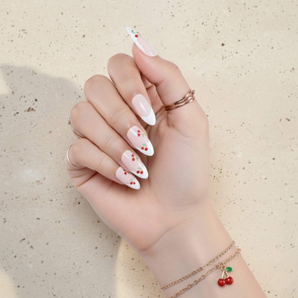 Cherry Crush | Reusable Press-On Nails | 24 pcs | White | Almond Shape | Long