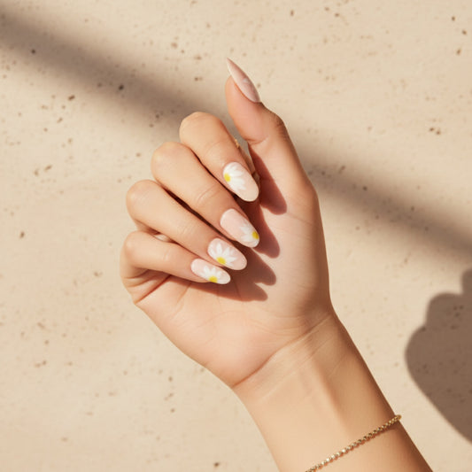 Daisy | Reusable Pink Oval Nails with White Daisy Design | 24 Pcs | Long Length