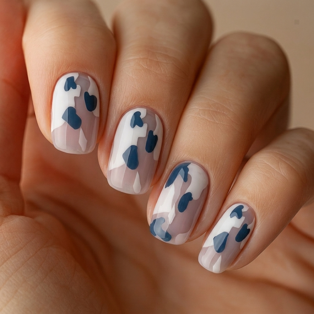 Denim Girly | Reusable Press-On Nails | 24 Pcs | Blue & White | Square Shape | Medium