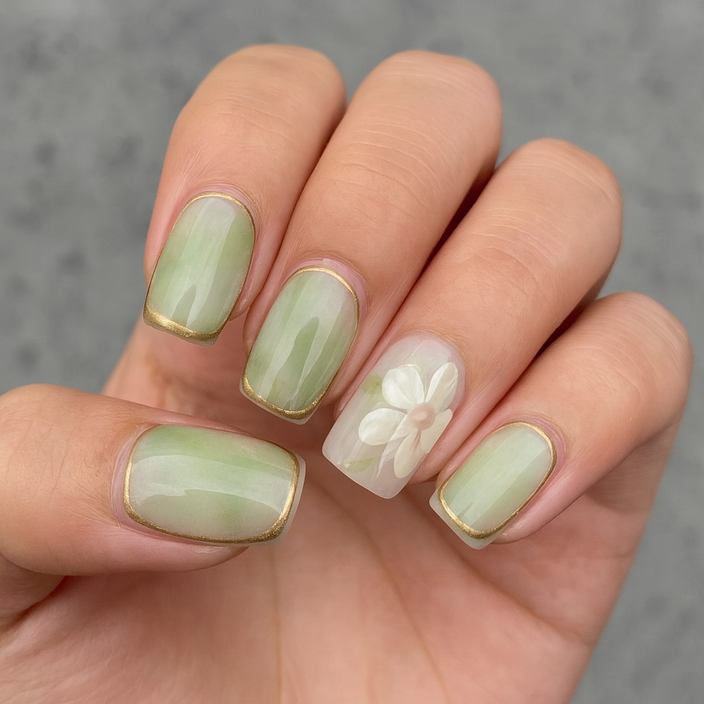 Matcha Latte | Reusable Press-On Nails | 24 Pcs | Green | Square Shape | Medium