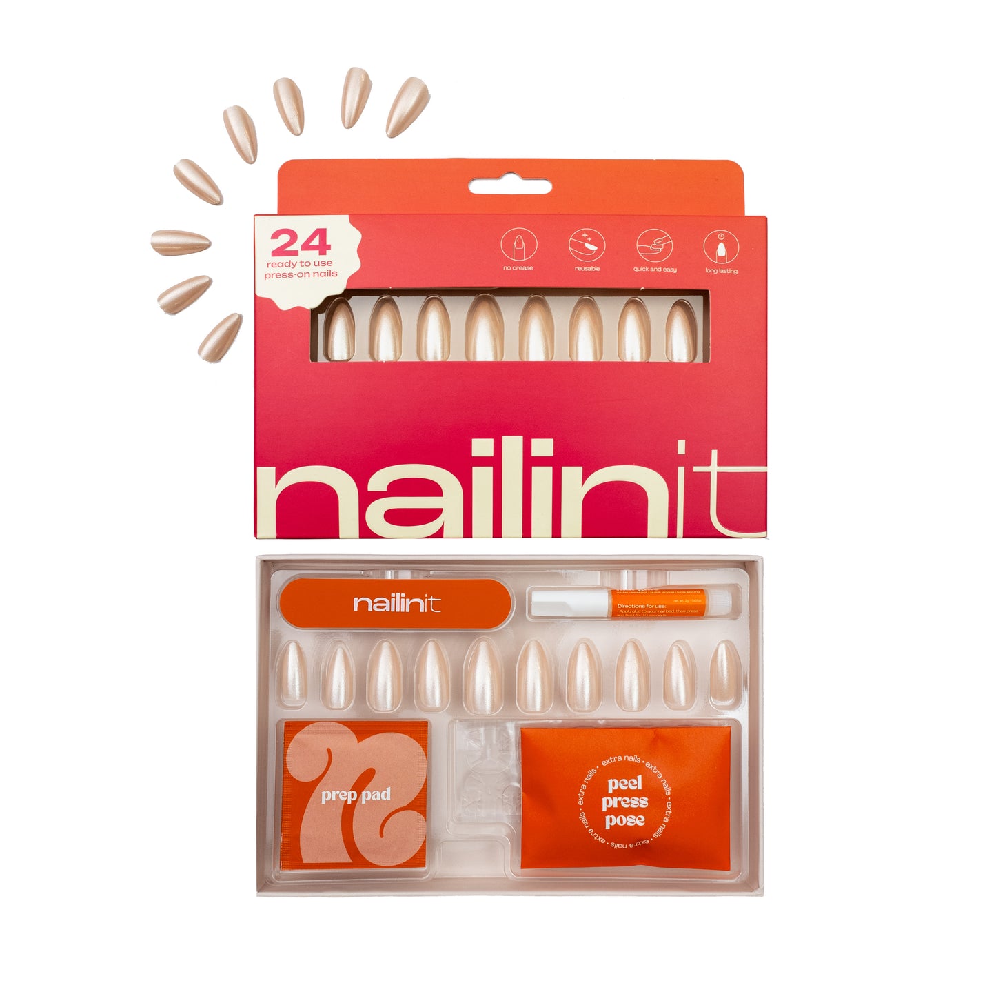 Glazed Donut | Reusable Press-On Nails | 24 pcs | White | Almond Nails | Extra Long
