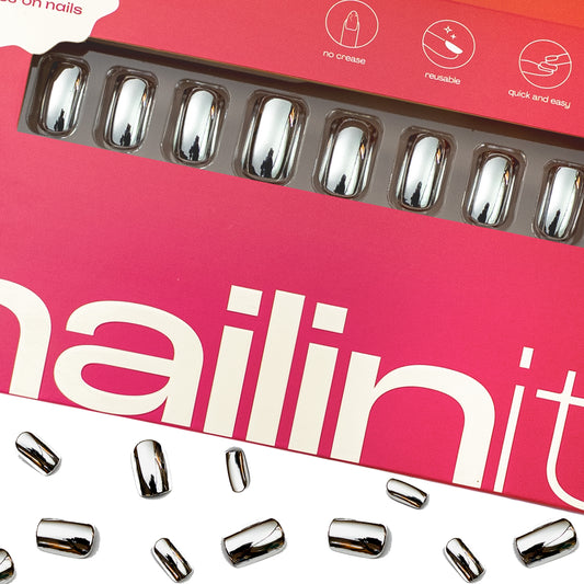 Happy Hour | Reusable Press-On Nails | 24 pcs | Silver | Square Nails | Medium