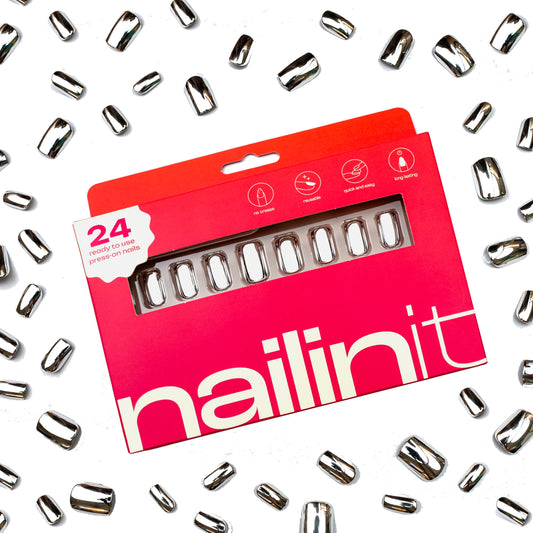 Happy Hour | Reusable Press-On Nails | 24 pcs | Silver | Square Nails | Medium