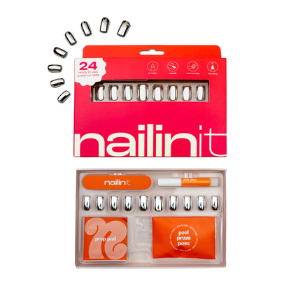 Happy Hour | Reusable Press-On Nails | 24 pcs | Silver | Square Nails | Medium
