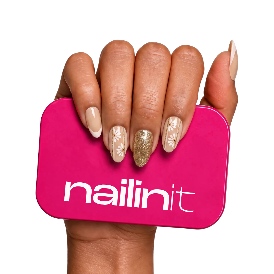 Honey Bun | Reusable Press-On Nails | 24 Pcs | French with Design | Almond Shape | Medium