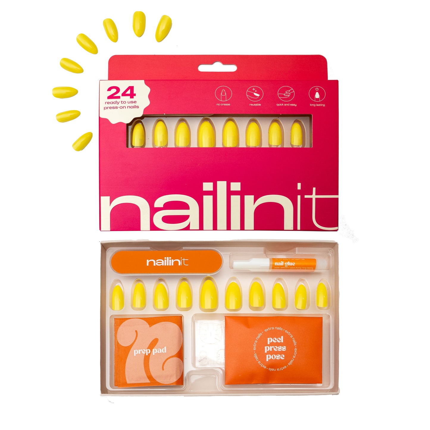 Lemon Zest | Reusable Press-On Nails | 24 pcs | Yellow | Almond Shape | Long