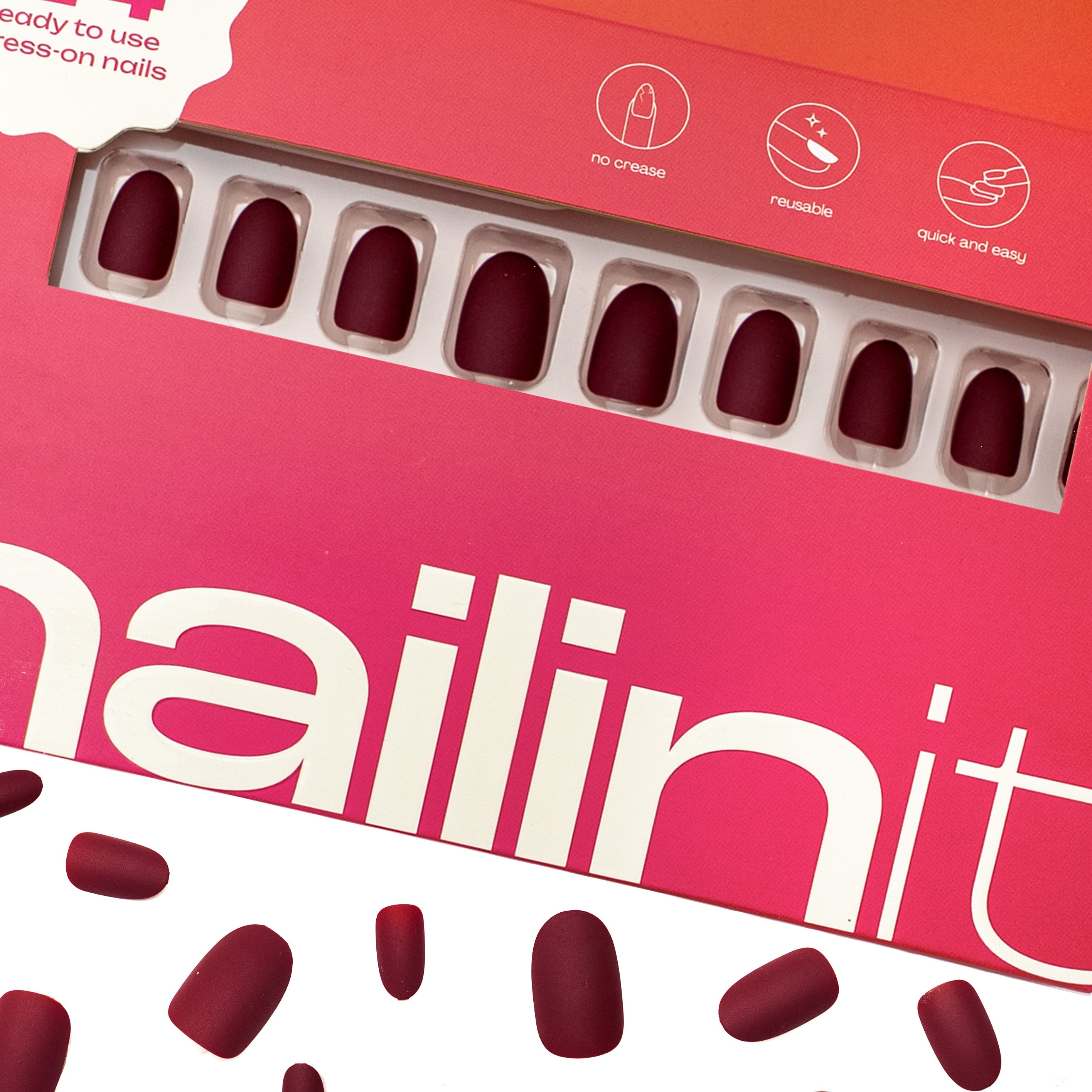 Moonchild Stick On Nails | Reusable | 24 pcs | Wine | Oval Shape | Short - nailinit