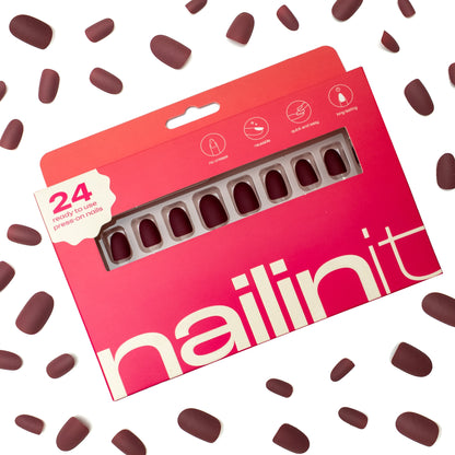 Moonchild Stick On Nails | Reusable | 24 pcs | Wine | Oval Shape | Short - nailinit