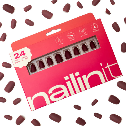 Moonchild Stick On Nails | Reusable | 24 pcs | Wine | Oval Shape | Short