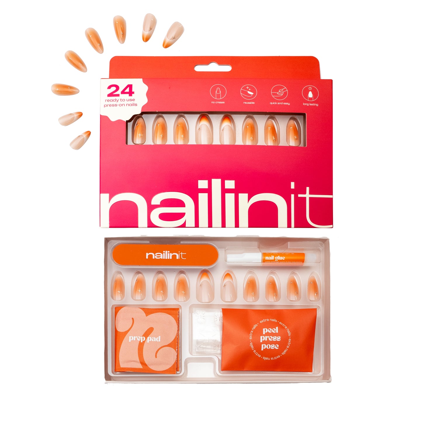 Orange Candy | Reusable Press-On Nails | 24 pcs | Orange | Almond Shape | Extra Long