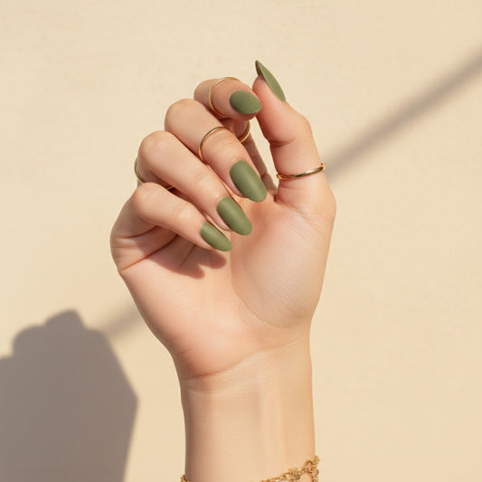 Olive You | Reusable Press-On Nails | 24 pcs | Green | Oval nails | Short