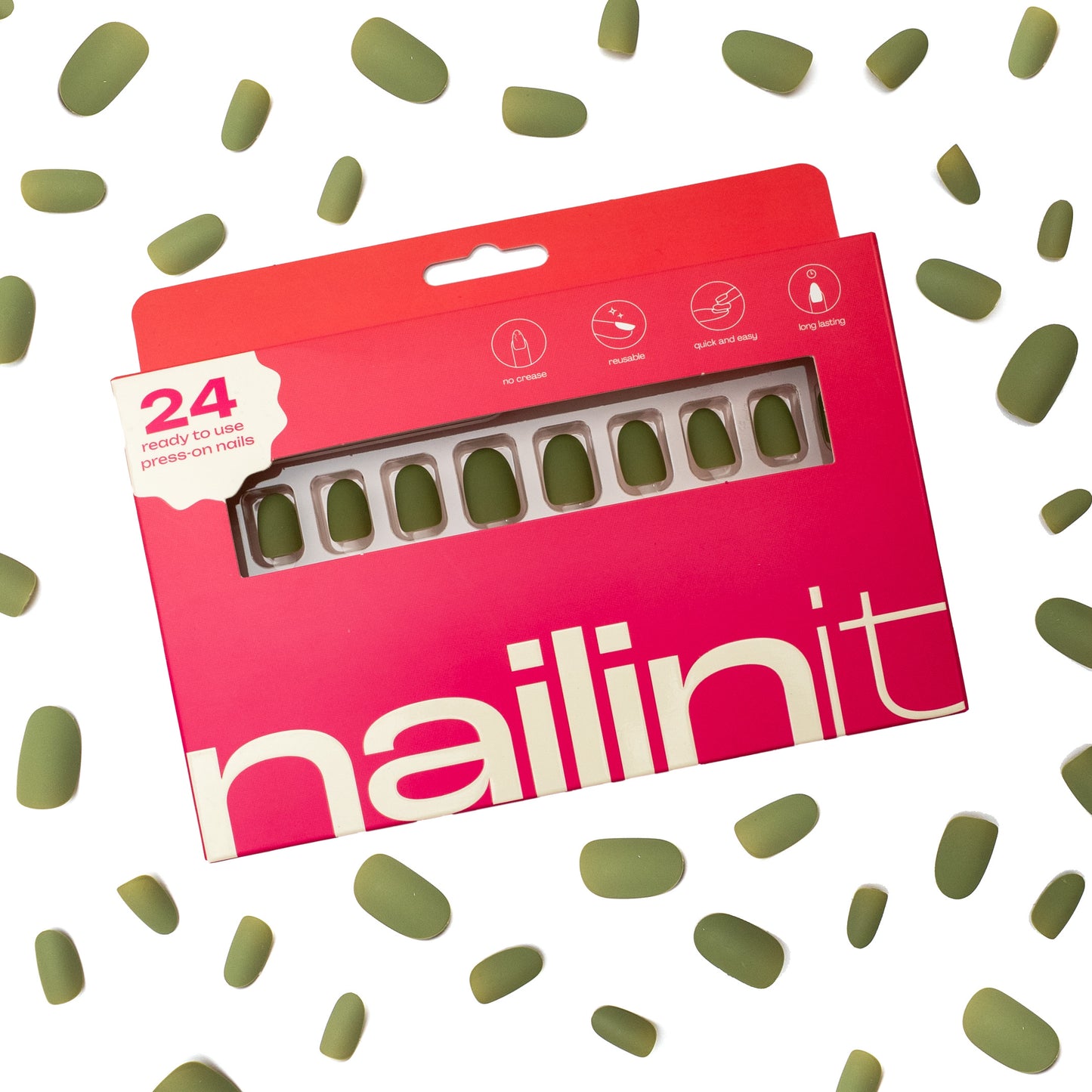 Olive You | Reusable Press-On Nails | 24 pcs | Green | Oval nails | Short