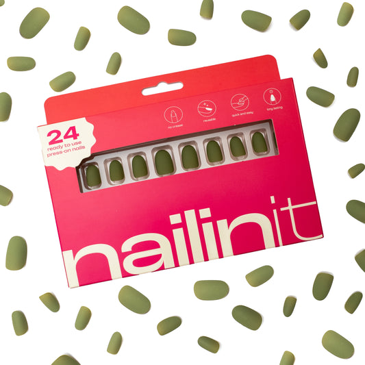 Olive You | Reusable Press-On Nails | 24 pcs | Green | Oval nails | Short