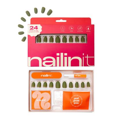 Olive You | Reusable Press-On Nails | 24 pcs | Green | Oval nails | Short