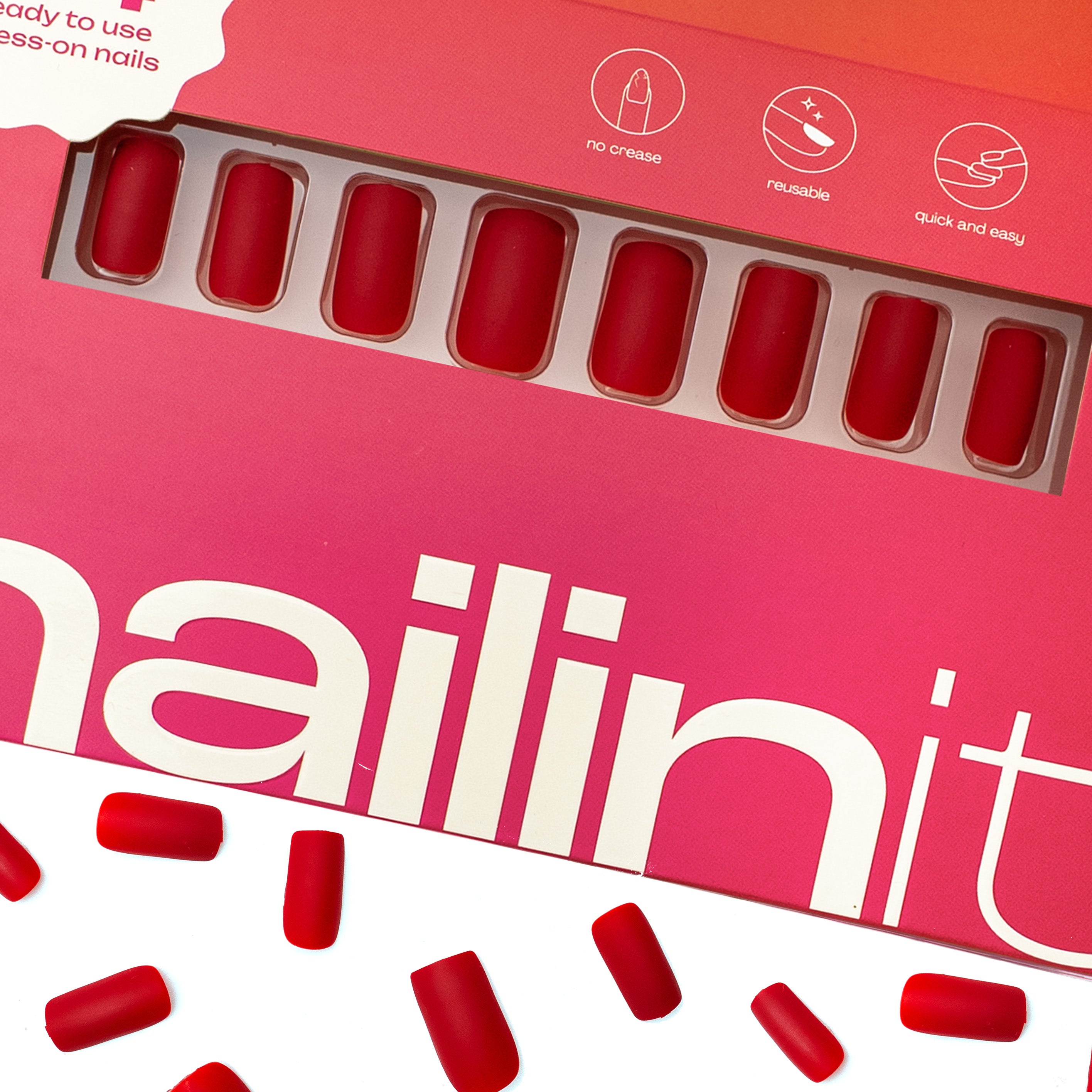 Red Velvet | Reusable Press-On Nails | 24 pcs | Red | Square Shape | Long - nailinit