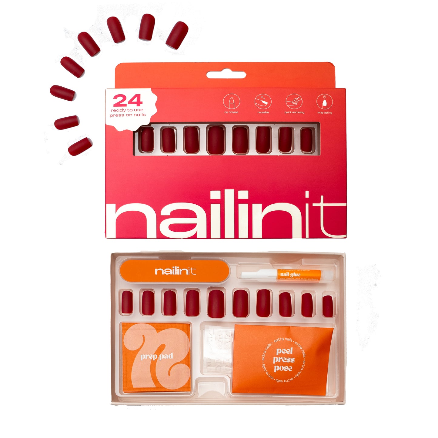 Red Velvet | Reusable Press-On Nails | 24 pcs | Red | Square Shape | Long