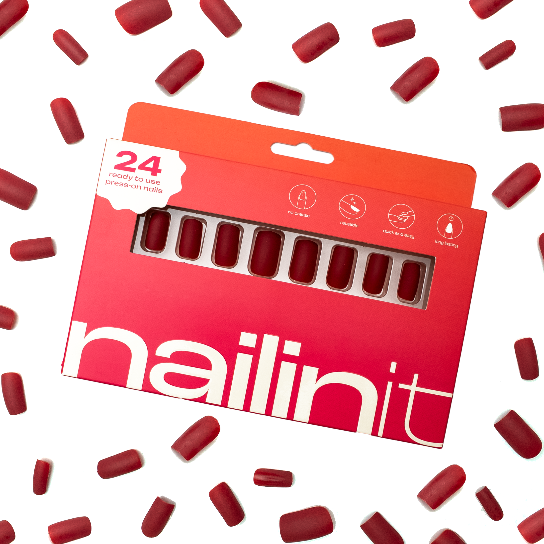 Red Velvet | Reusable Press-On Nails | 24 pcs | Red | Square Shape | Long - nailinit