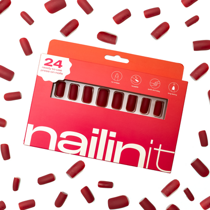 Red Velvet | Reusable Press-On Nails | 24 pcs | Red | Square Shape | Long