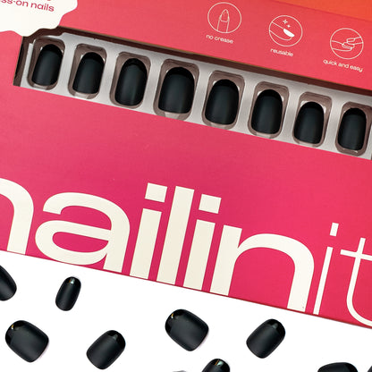 Sorry What | Reusable Press-On Nails | 24 pcs | Black | Squoval Shape | Medium - nailinit