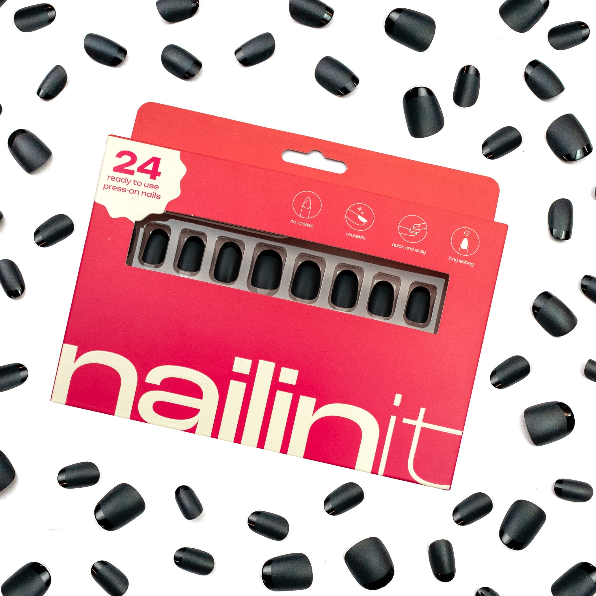 Sorry What | Reusable Press-On Nails | 24 pcs | Black | Squoval Shape | Medium - nailinit